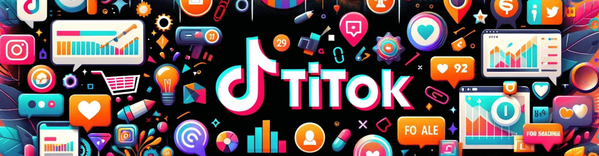 Banner ancho para sitio web con el título 'Cómo Vender en TikTok: Guía Avanzada para Emprendedores y Negocios en 2024', destacando elementos vibrantes como el logo de TikTok, perfiles de usuarios animados, y iconos de ventas y marketing digital como carritos de compras, etiquetas de precio, señales de 'For Sale', y gráficos de crecimiento en un fondo que incorpora los colores característicos de TikTok.