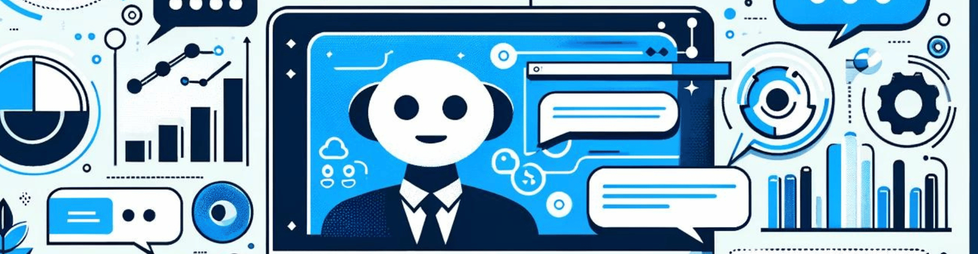 Banner de artículo con elementos de marketing e IA, titulado "Tips Para ChatGPT: Guía para Negocios", en azul y blanco, simbolizando tecnología y confianza.