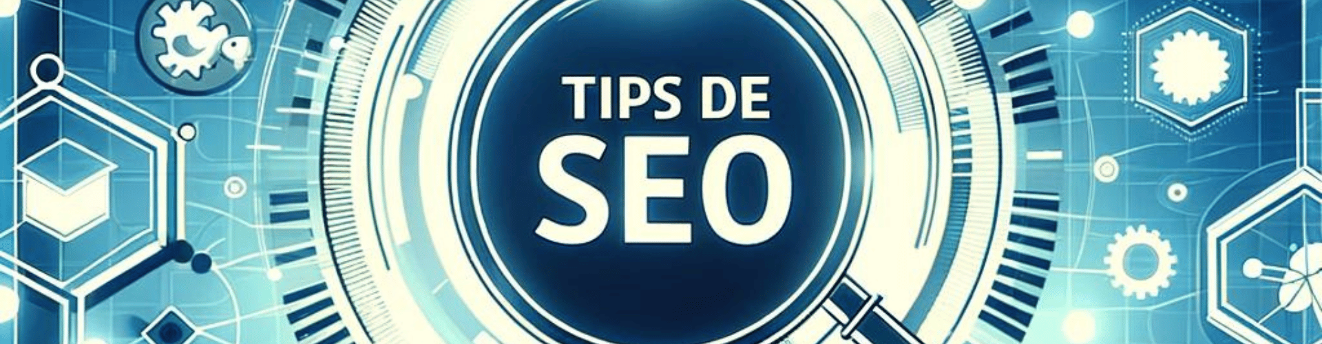 Portada con el título 'Tips de SEO' en fuente grande y negrita sobre un fondo azul tecnológico con patrones digitales abstractos, iconos de SEO como lentes de aumento, engranajes y gráficos, y una barra de búsqueda estilizada en la parte inferior. Tendencias en SEO