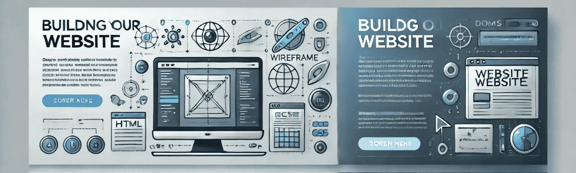 Un banner moderno que representa que se necesita para crear una página web, muestra una pantalla de computadora con una maqueta de sitio web en desarrollo, rodeada de símbolos de codificación como etiquetas HTML y corchetes de CSS. También incluye elementos visuales relacionados con el diseño web, como una paleta de colores y un cursor de mouse. El fondo utiliza una combinación de colores azules y grises, creando una atmósfera profesional y creativa que resalta el proceso de creación de sitios web.