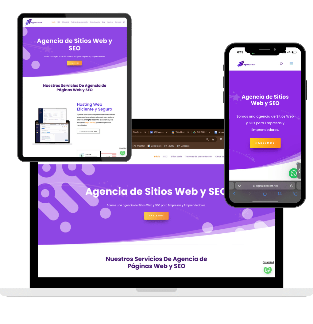 Sitio web diseñado por Digital Blastoff visto desde diferentes dispositivos